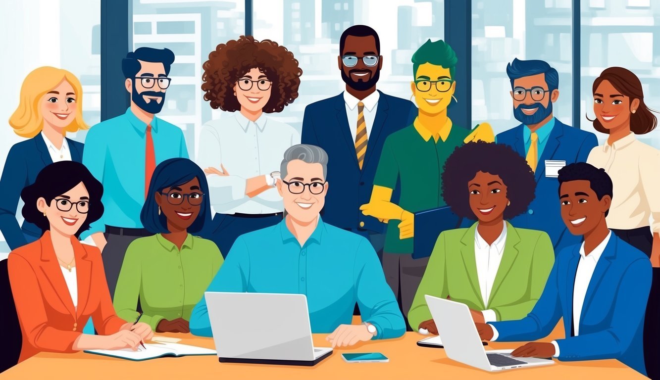 A diverse group of people of different genders, ages, and ethnicities working together in an office setting, with a focus on inclusivity and equality in employment