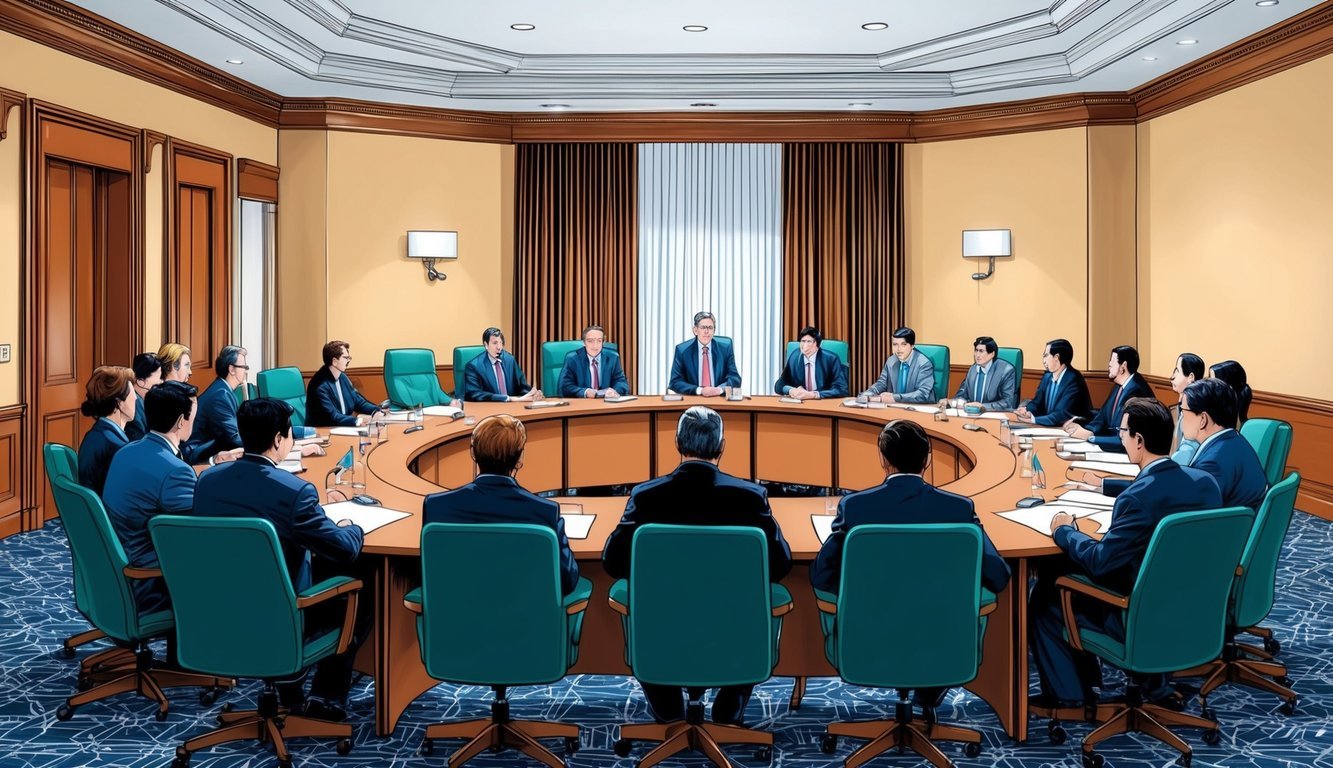 A conference room with a long table surrounded by chairs, where representatives from labor and management engage in discussion with a mediator present