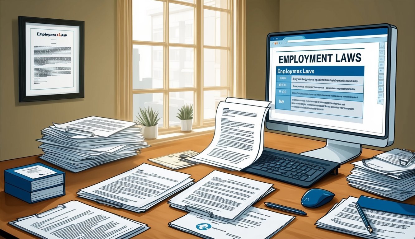 A desk cluttered with legal documents, a computer screen displaying employment laws, and a framed certificate on the wall