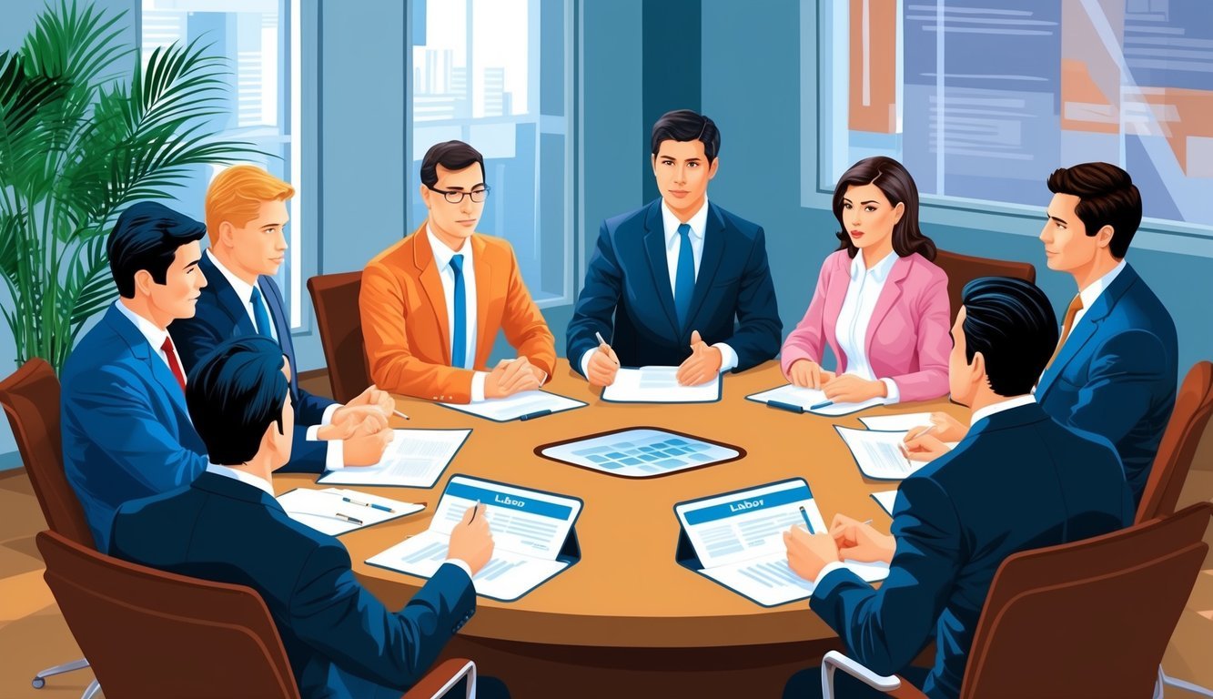 A group of business professionals discussing labor law policies in a boardroom setting