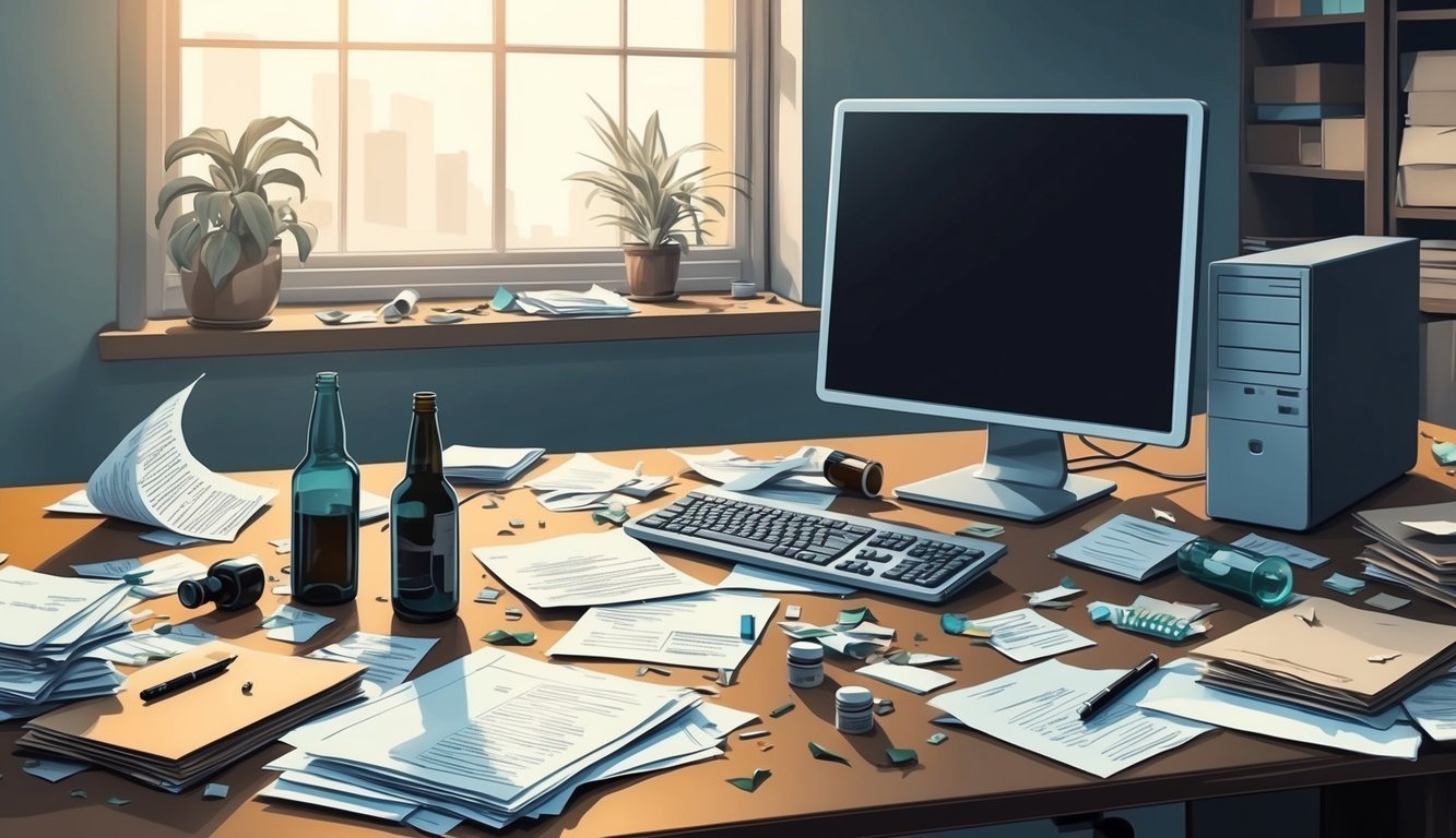 A disheveled work desk with scattered papers, empty bottles, and a neglected computer, symbolizing the impact of substance abuse on employment