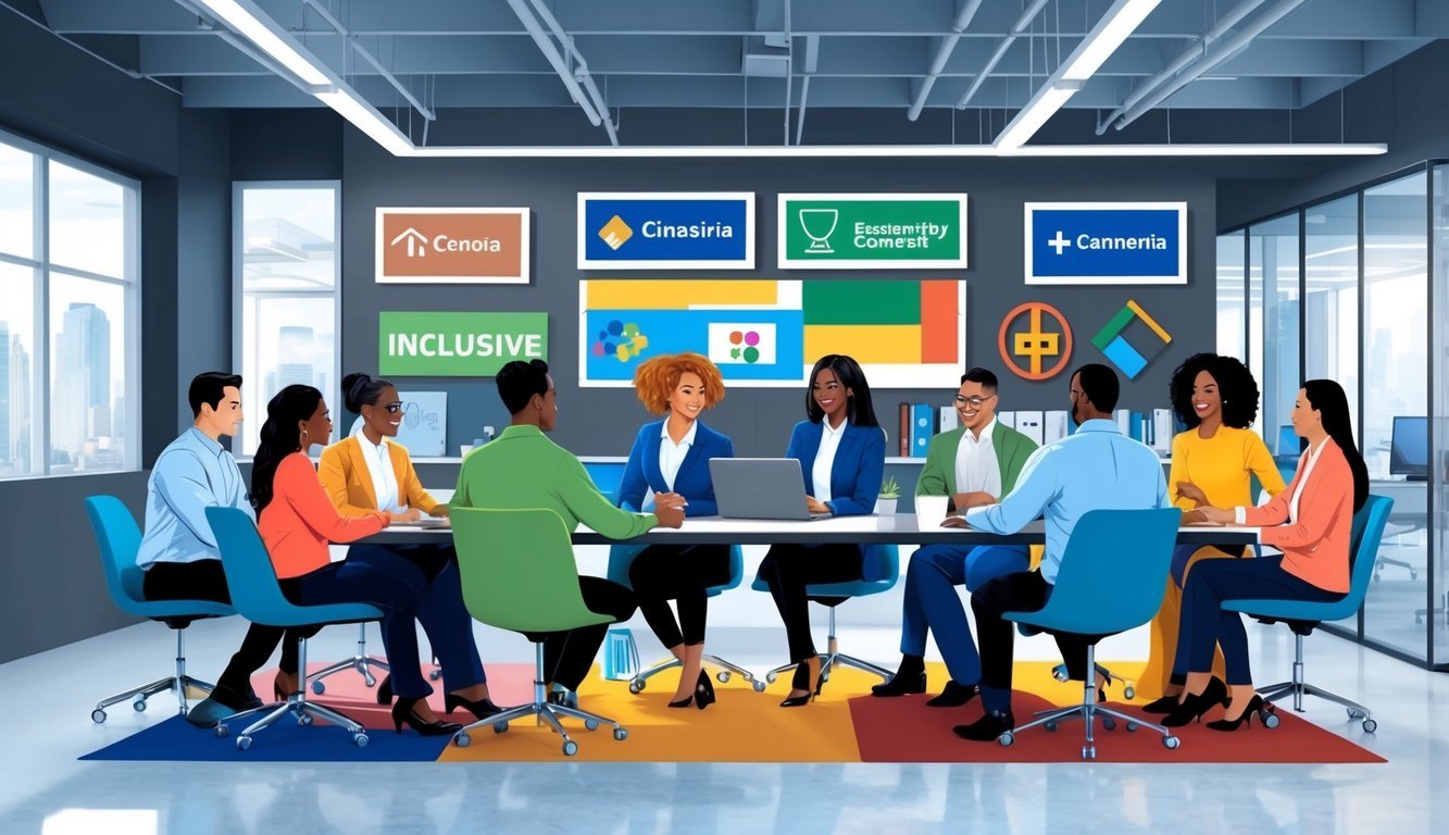 A diverse group of employees collaborating in a modern office setting, with various cultural symbols and inclusive signage displayed throughout the space