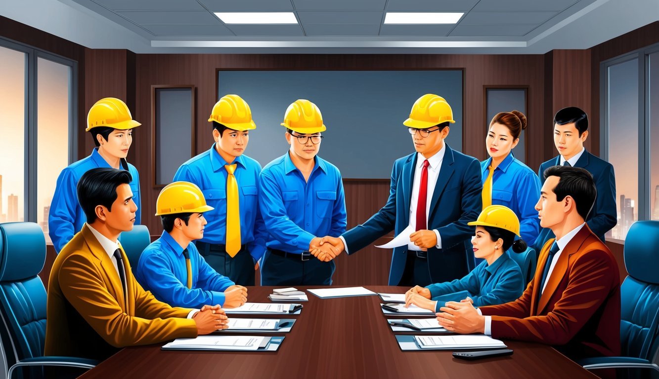 A group of workers and a union representative discussing terms at a bargaining table in a corporate boardroom