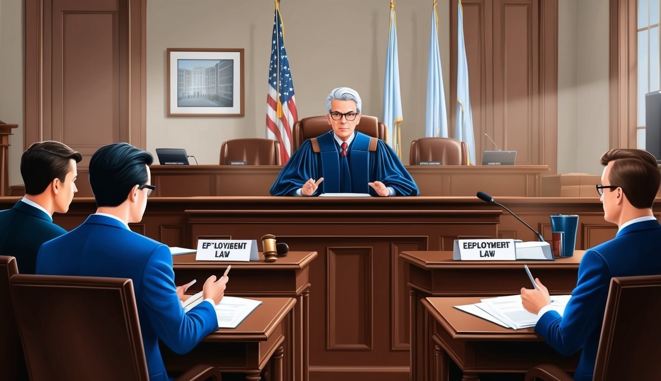 A courtroom with a judge presiding over a case involving employment law violations.</p><p>Lawyers present evidence and argue their cases