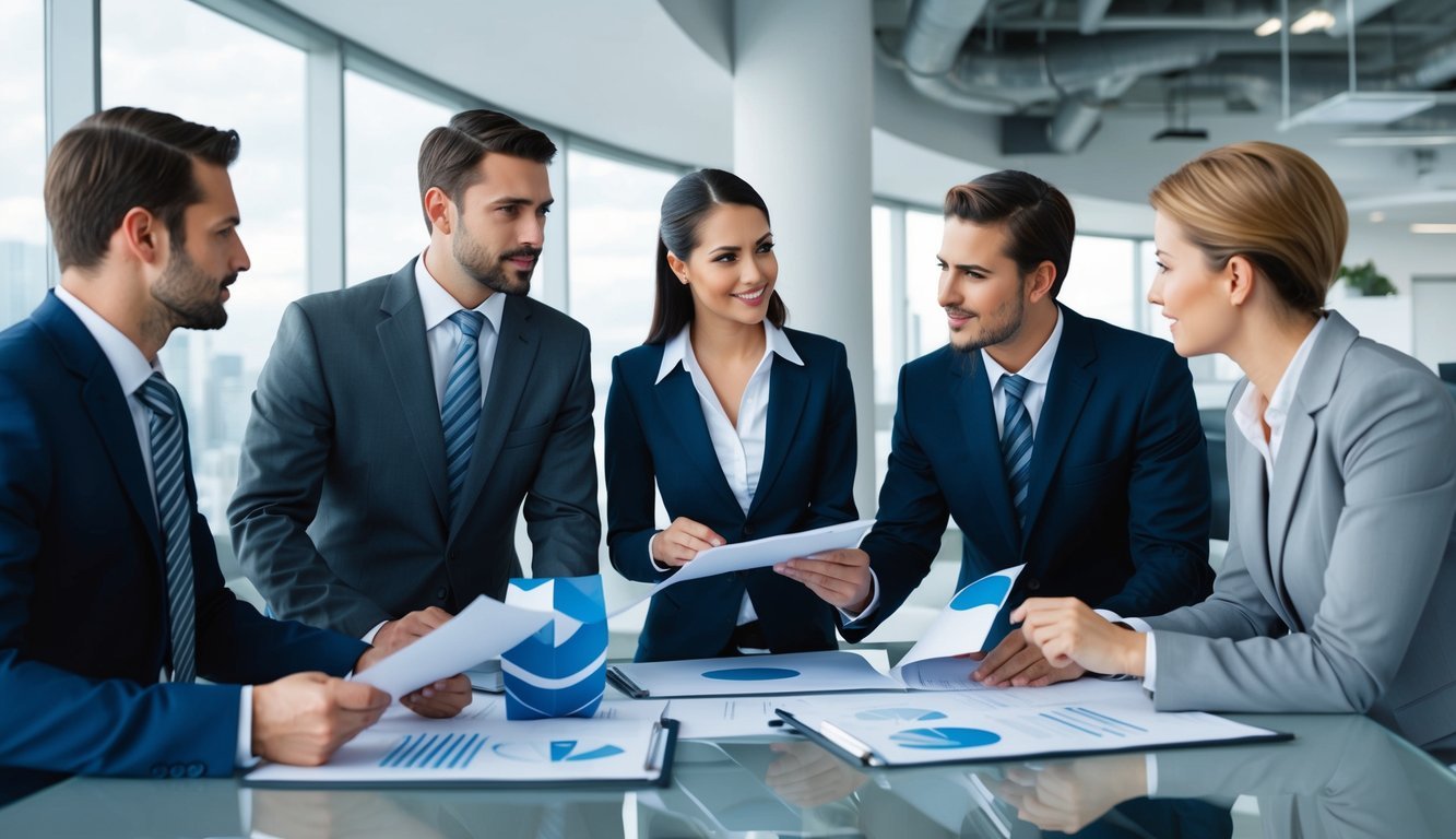 A group of professionals in business attire discussing documents and charts in a corporate office setting