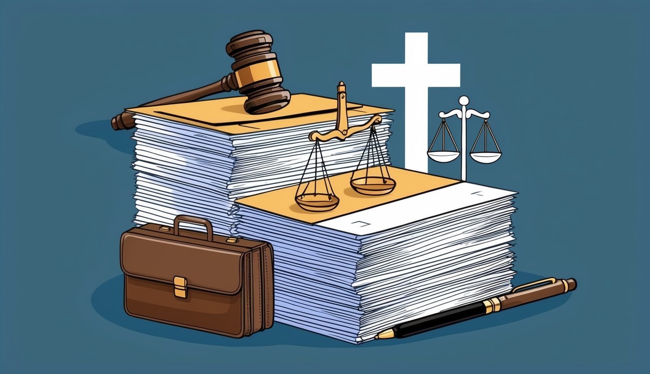 A stack of legal documents with a gavel and scales of justice, surrounded by a medical cross and a briefcase