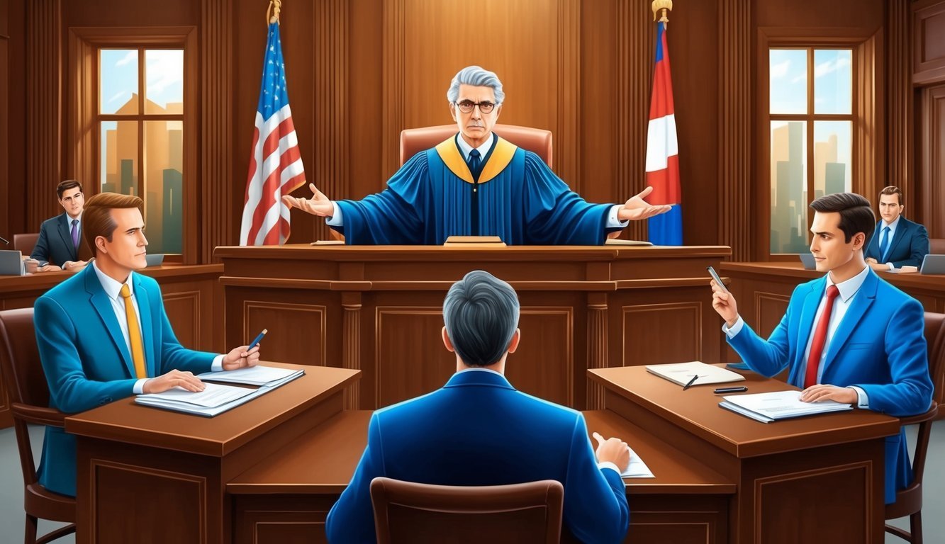 A courtroom scene with a judge presiding over a dispute between two parties, with lawyers presenting their arguments and evidence