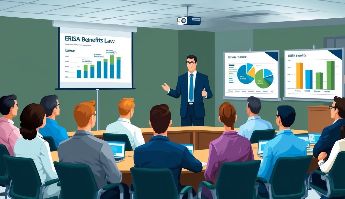 A group of employees sitting in a meeting room, listening to a lawyer explain ERISA benefits law.</p><p>Charts and graphs are displayed on a projector screen