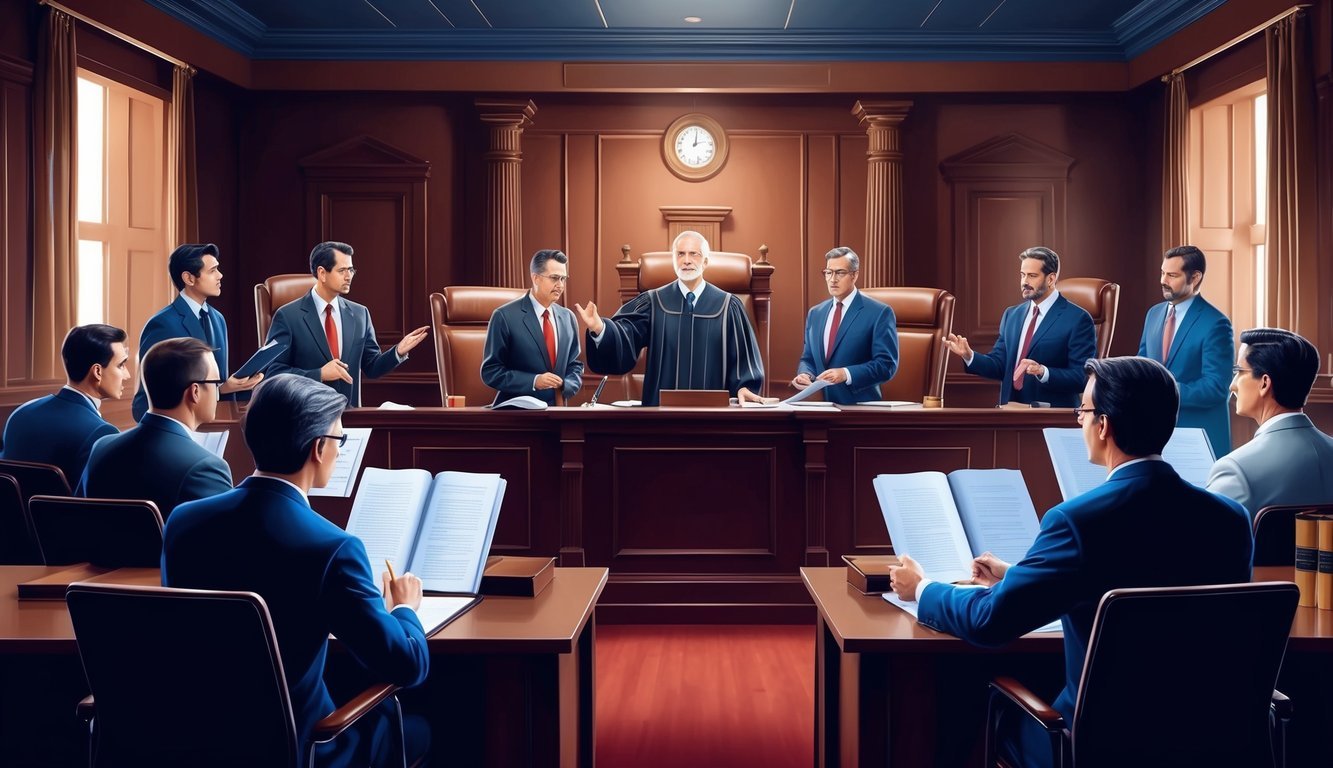 A tense courtroom with lawyers presenting arguments and a judge presiding over a high-stakes litigation case