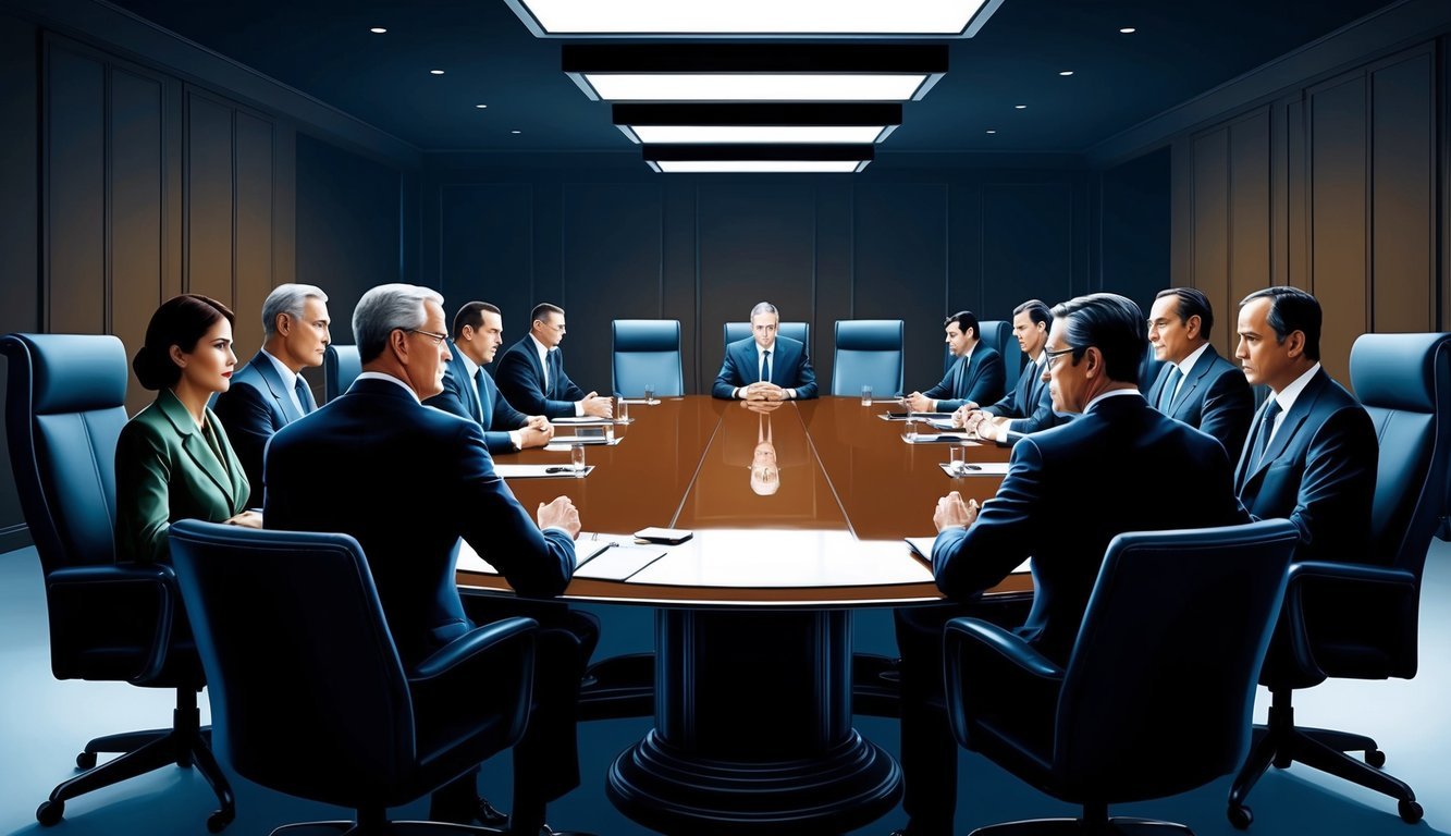 A dimly lit boardroom with a long, polished table surrounded by high-backed chairs.</p><p>A group of stern-looking individuals are engaged in intense discussions