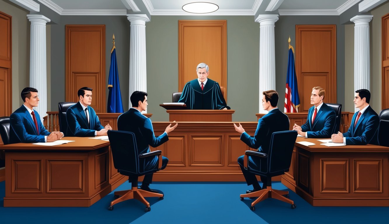 A courtroom with two opposing legal teams presenting arguments before a judge