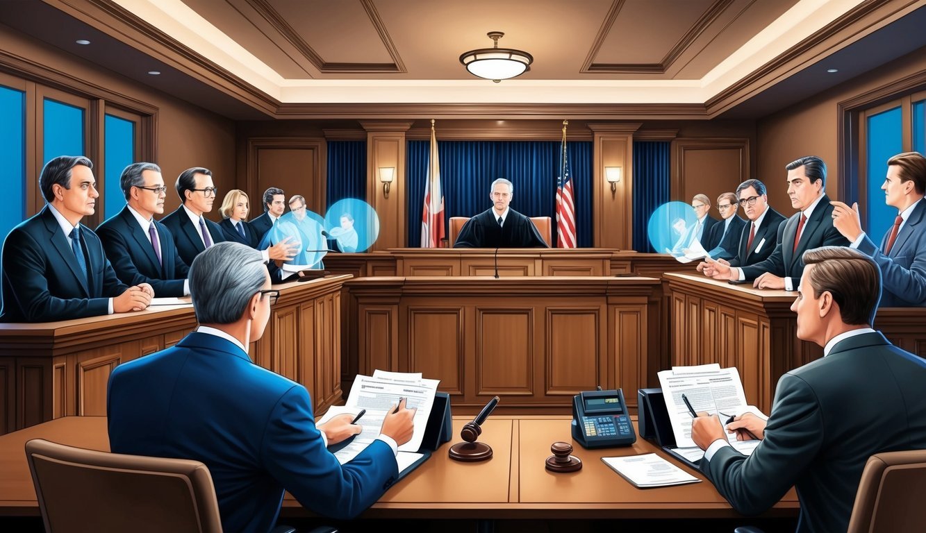 A courtroom scene with lawyers presenting arguments and evidence, a judge presiding over the case, and a tense atmosphere conveying high stakes