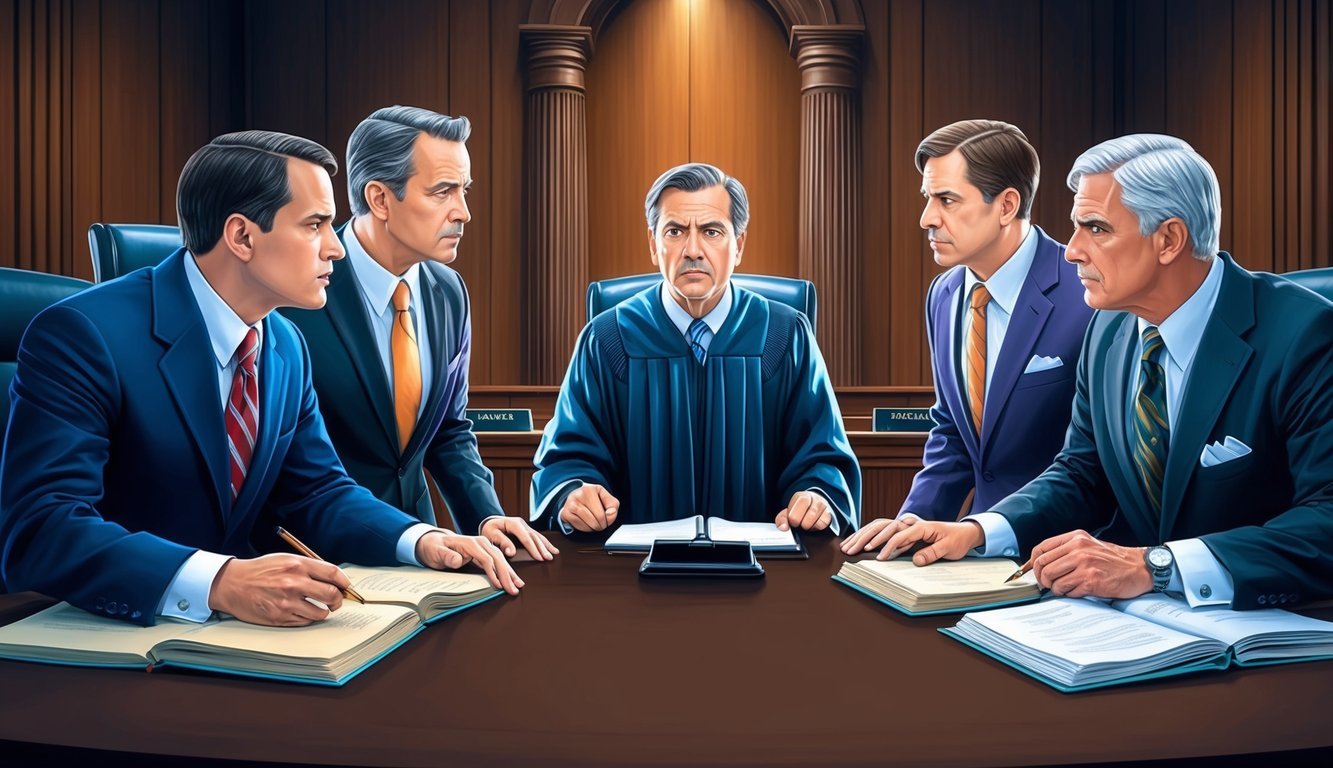 A courtroom scene with lawyers from different jurisdictions facing off in a high-stakes legal battle.</p><p>The tension is palpable as they present their arguments to the judge