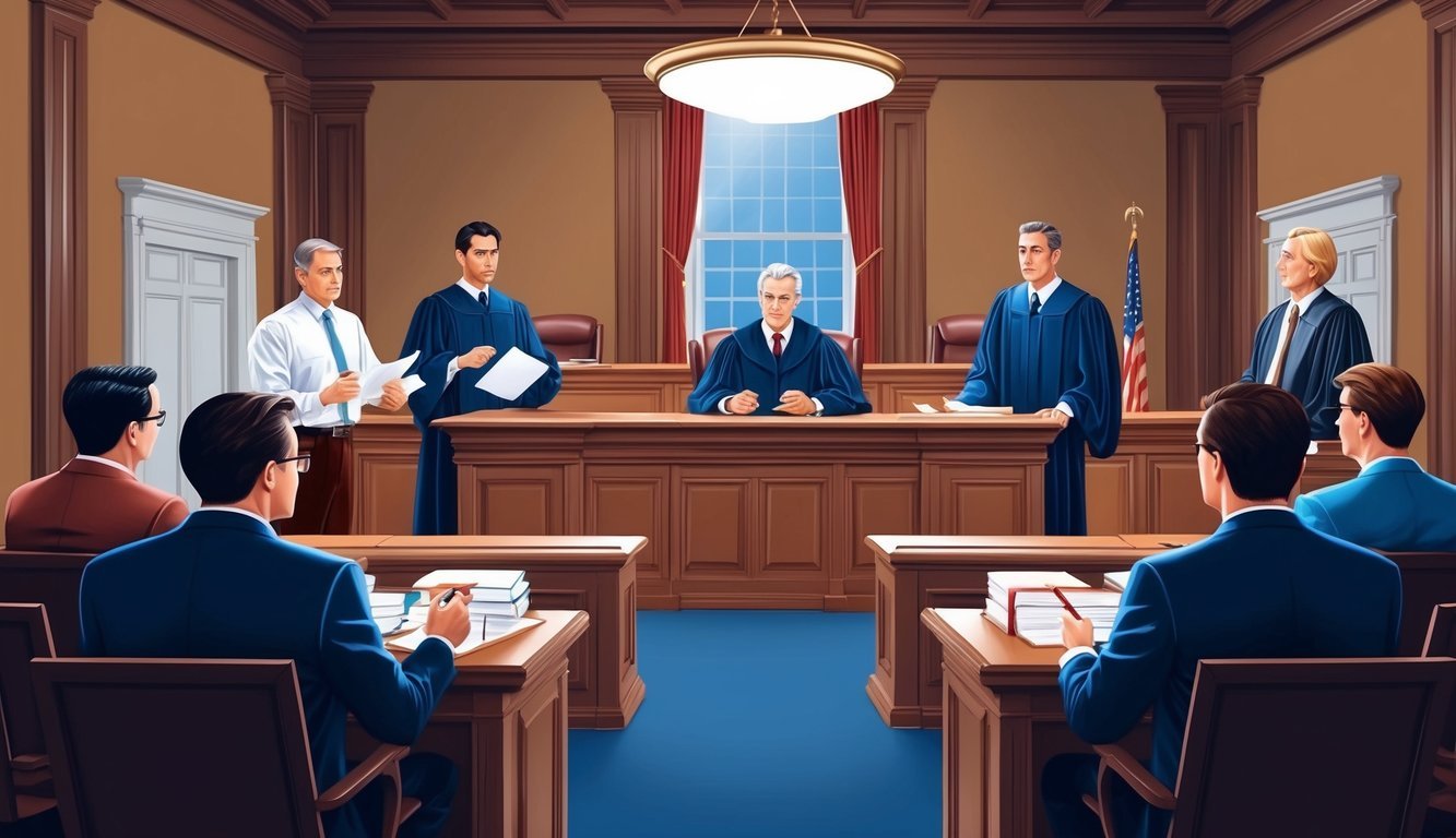 A courtroom with lawyers presenting evidence and arguing their cases in front of a judge and jury