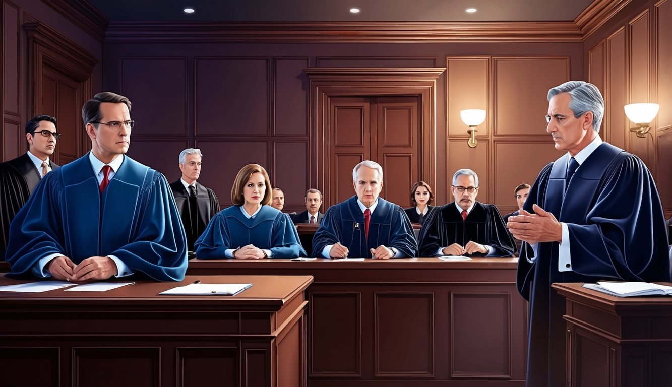 A high-stakes courtroom scene with lawyers, judges, and a tense atmosphere