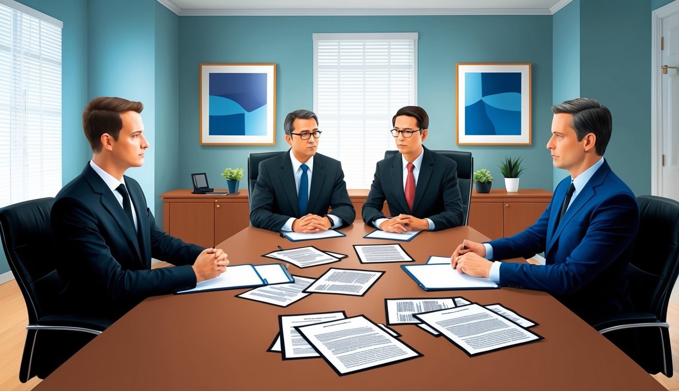 A conference room with two opposing parties seated at a table, a mediator facilitating the discussion, and legal documents scattered across the table