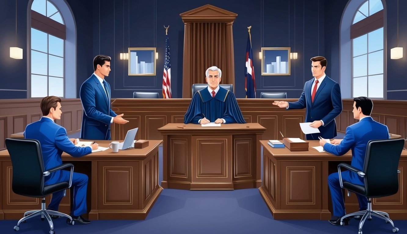 A courtroom with a judge presiding over a legal dispute between two business entities, with lawyers presenting arguments and evidence