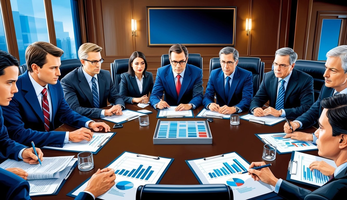 A boardroom meeting with tense executives, legal teams, and financial advisors strategizing over documents and charts