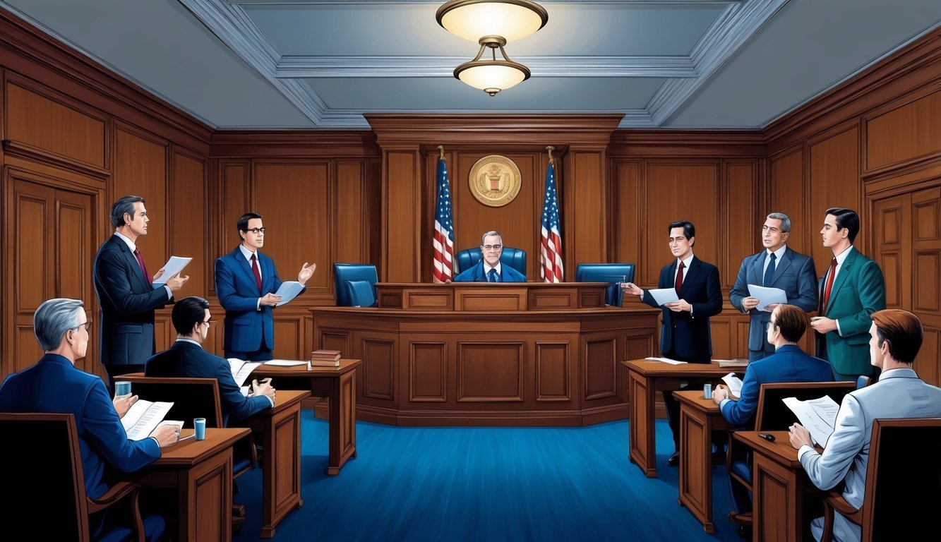 A courtroom with lawyers presenting arguments and evidence to a judge and jury