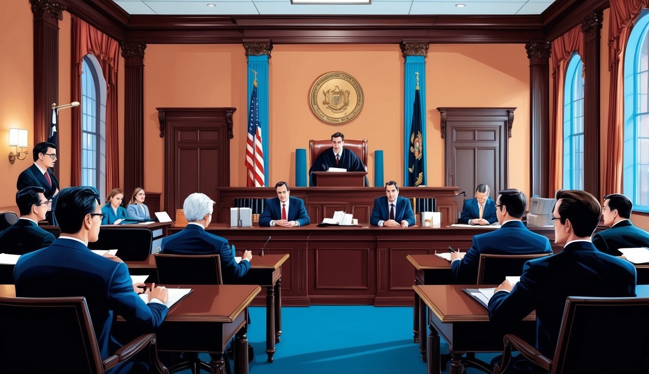 A courtroom with lawyers presenting arguments and evidence in a high-stakes litigation case