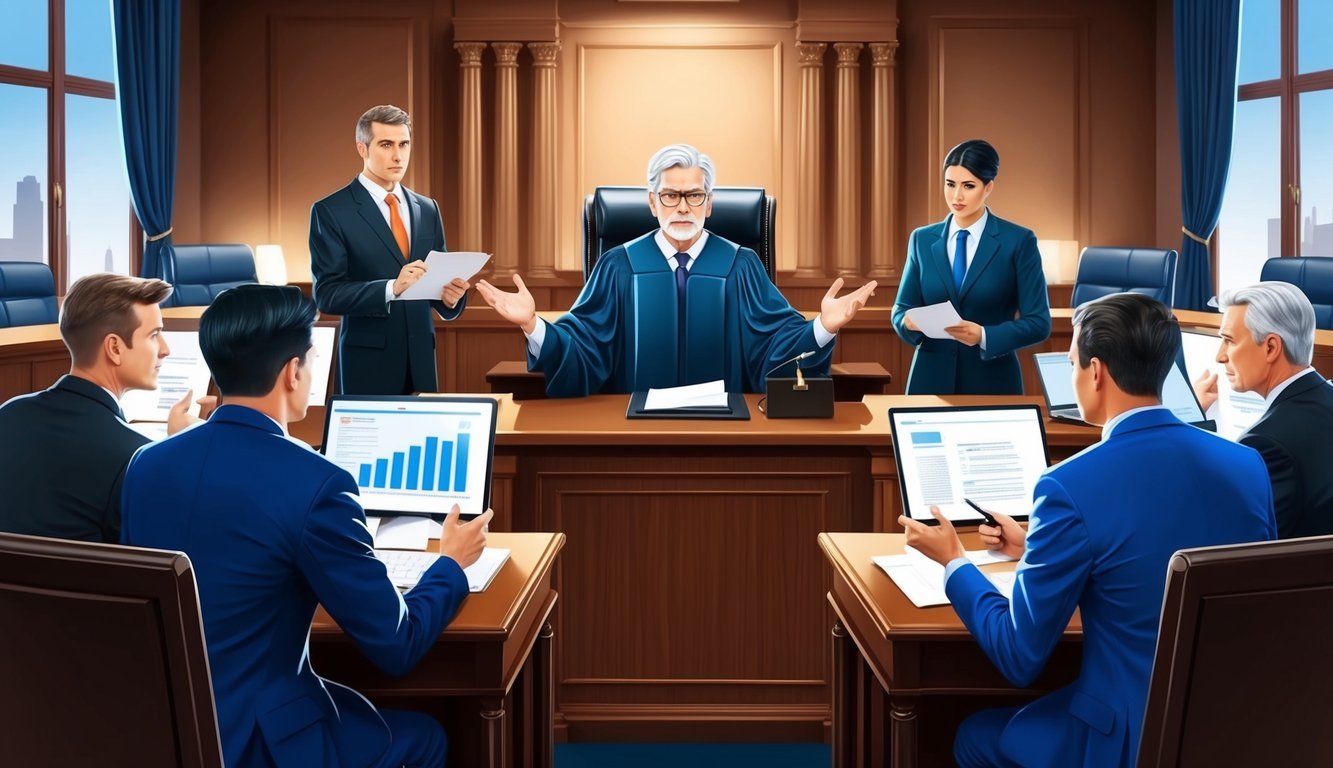 A courtroom scene with a judge presiding over a dispute between two business entities, their lawyers presenting arguments and evidence