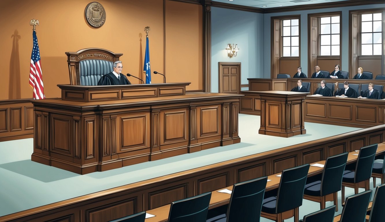 A courtroom with a judge's bench, witness stand, and opposing counsel tables.</p><p>A jury box and gallery are visible, with a tense atmosphere