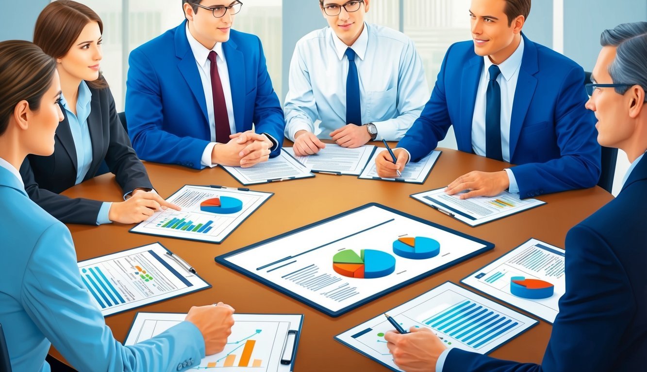 A group of professionals engaged in discussion around a conference table, with legal documents and charts spread out in front of them