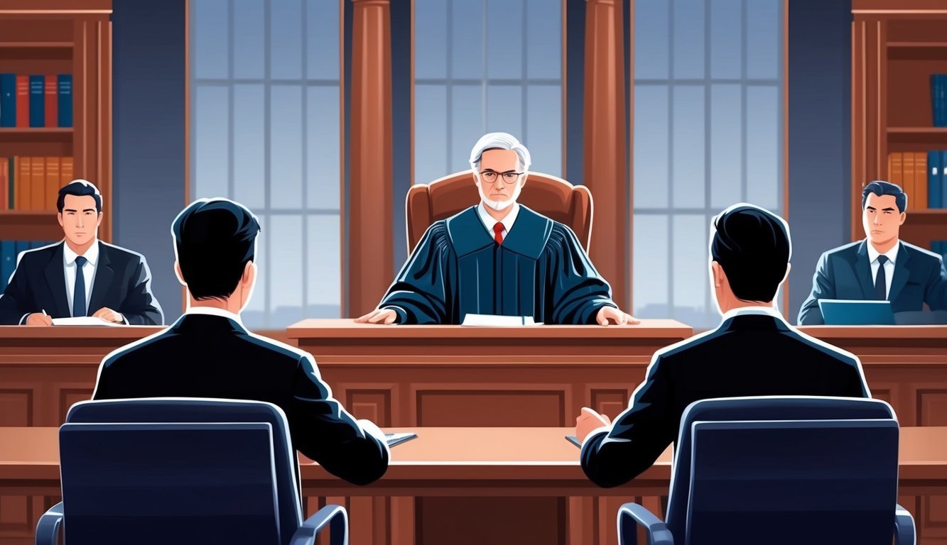 A courtroom scene with a judge presiding over a dispute between two parties in a banking and finance litigation case