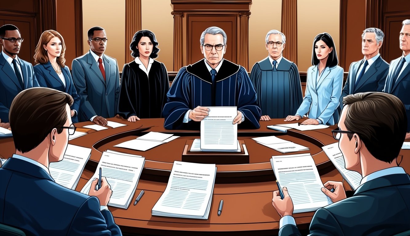 A courtroom scene with lawyers, judge, and jury.</p><p>Documents and evidence presented.</p><p>Tension and conflict evident