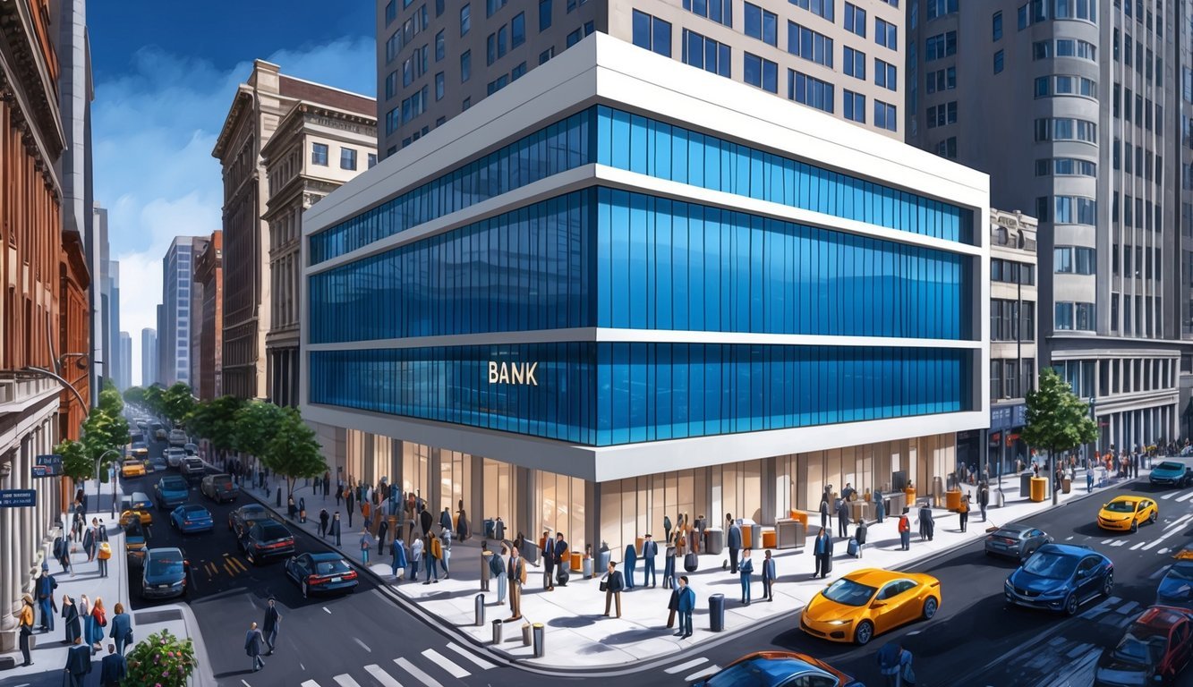 A sleek, modern bank building surrounded by bustling city streets and filled with people conducting financial transactions