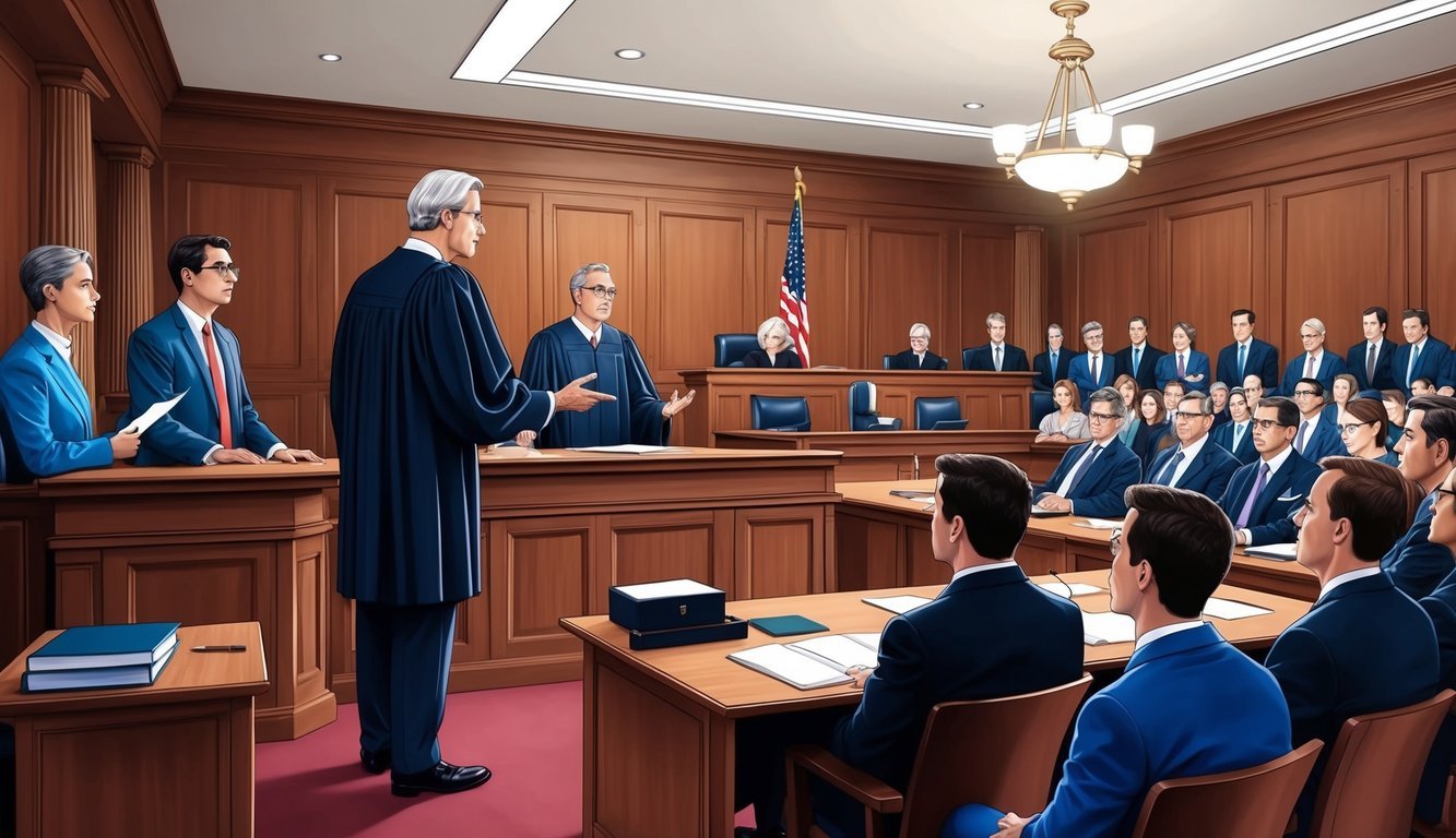 A courtroom with a judge presiding over a case, lawyers presenting arguments, and a jury listening intently