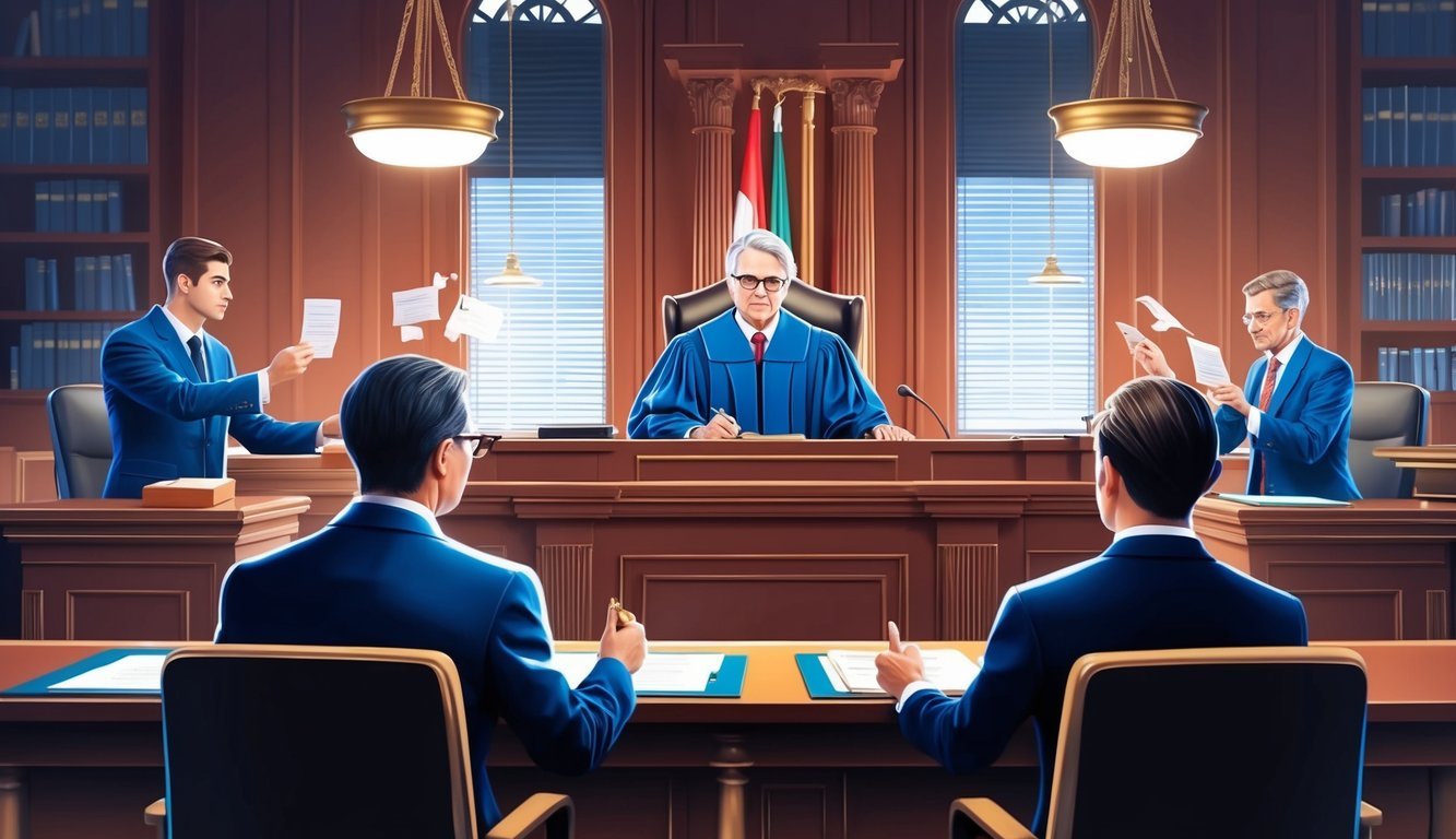 A courtroom with a judge presiding over a legal dispute between banking and finance entities, with lawyers presenting arguments and evidence