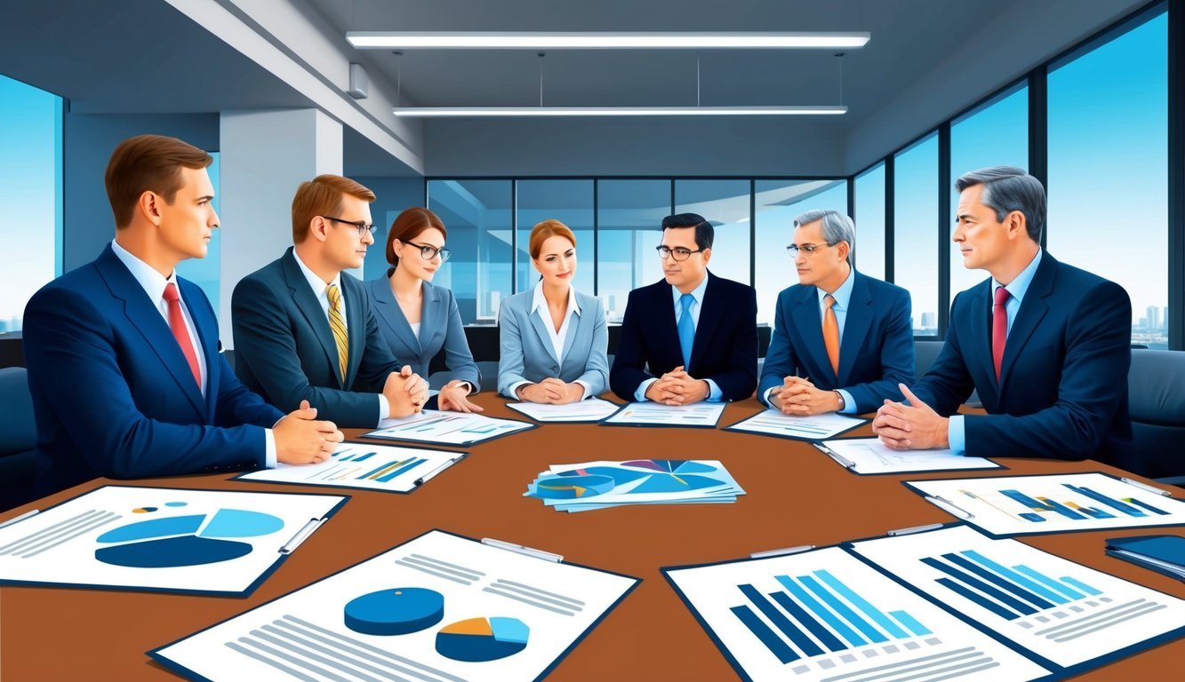 A group of lawyers and financial experts discussing complex litigation strategies in a modern office setting with charts and documents spread out on a large conference table