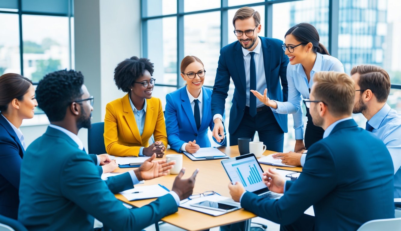 A group of professionals gather in a modern office setting, engaged in discussions and exchanging ideas.</p><p>Networking and knowledge sharing are evident through the interactions and collaborative atmosphere