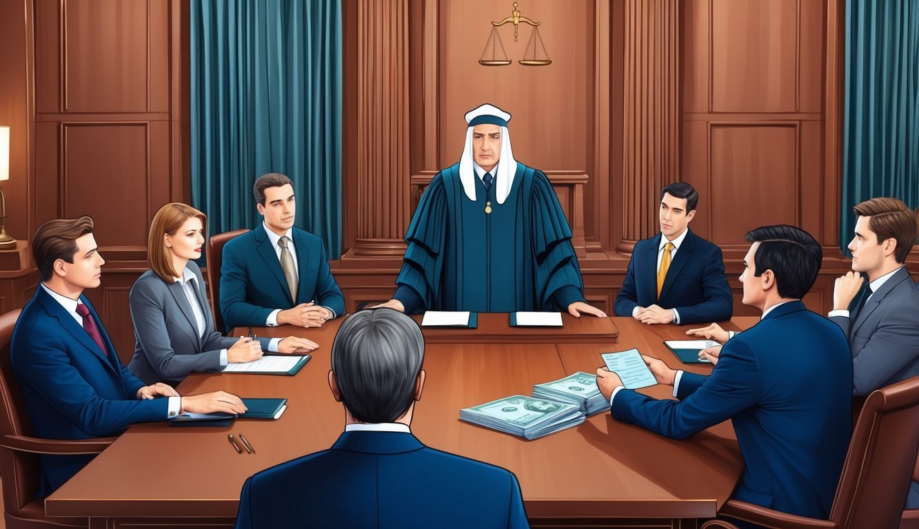 A courtroom scene with a judge, lawyers, and clients discussing banking and finance-related legal matters