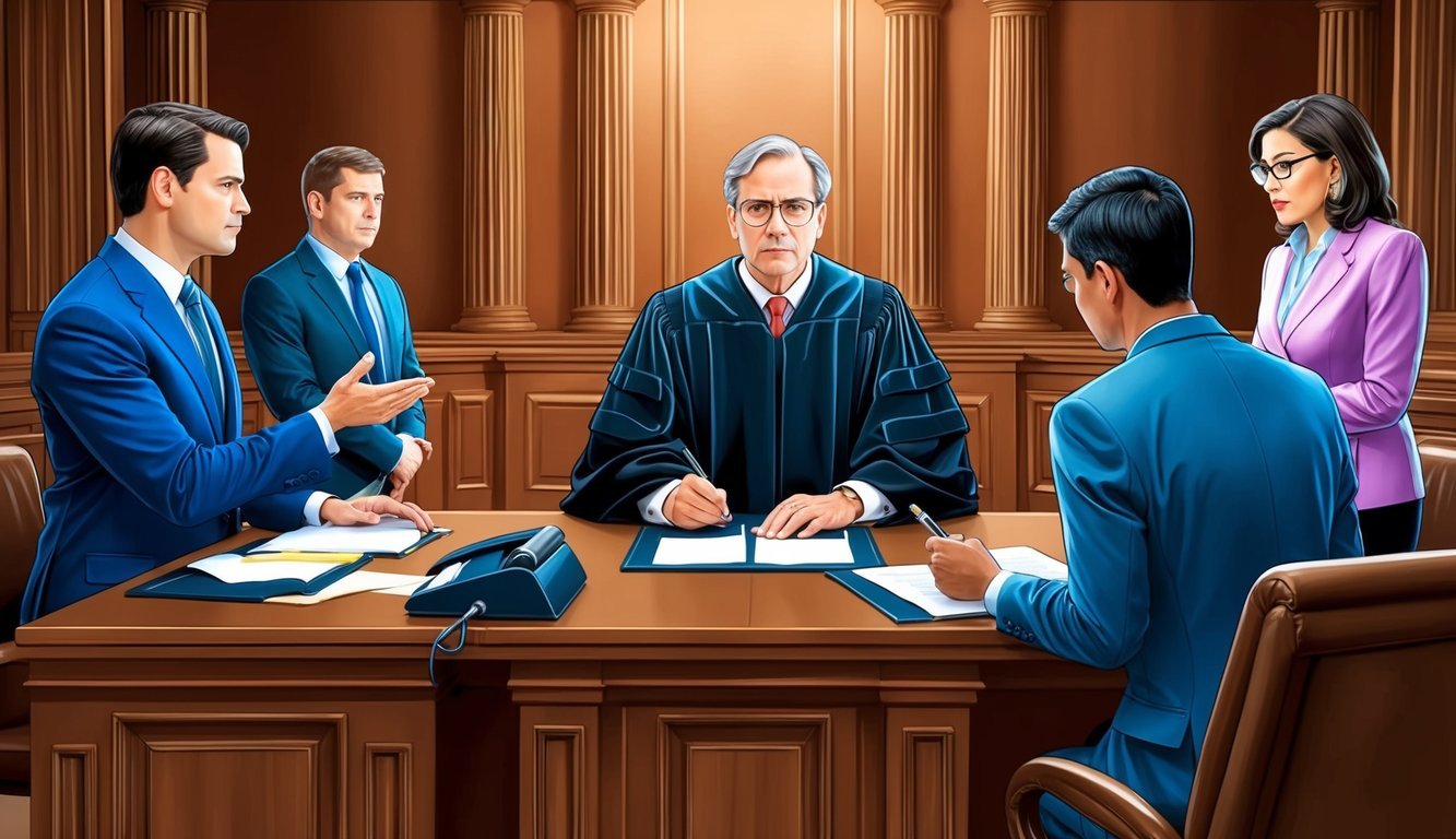 A courtroom scene with a judge presiding over a bankruptcy case, lawyers presenting arguments, and a stenographer recording the proceedings