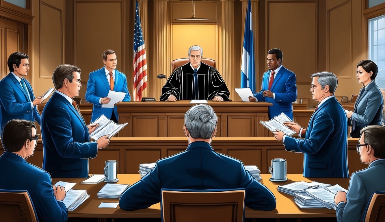 A courtroom with a judge presiding over a bankruptcy litigation case.</p><p>Lawyers present evidence and argue their points while the atmosphere is tense and serious