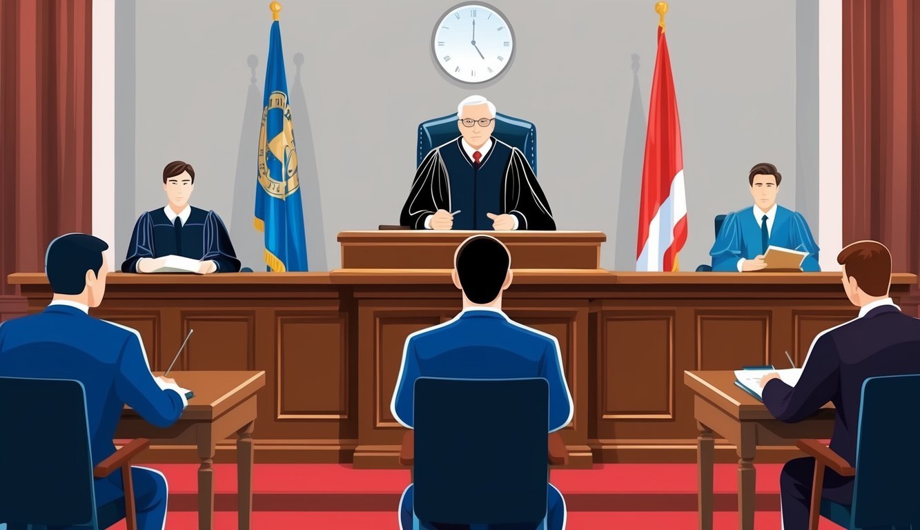 A courtroom with a judge presiding over a dispute between two parties regarding claims and estate property, with a focus on bankruptcy