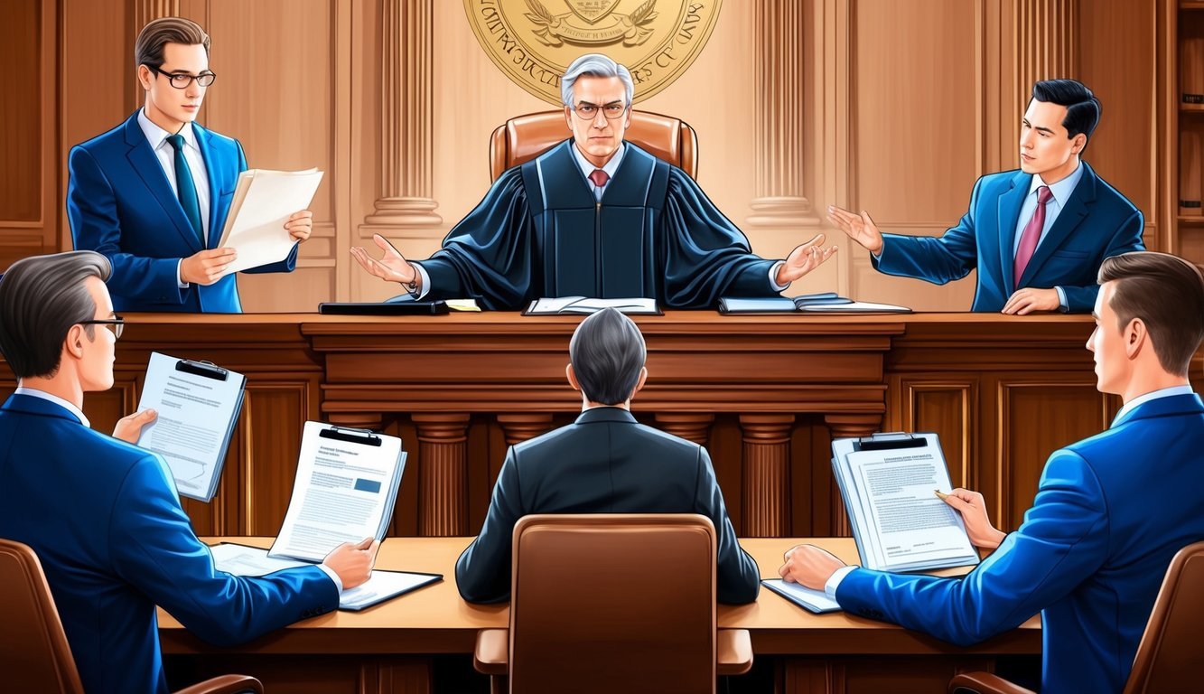 A courtroom with a judge presiding over a bankruptcy litigation case, with lawyers presenting arguments and evidence to support their clients' positions