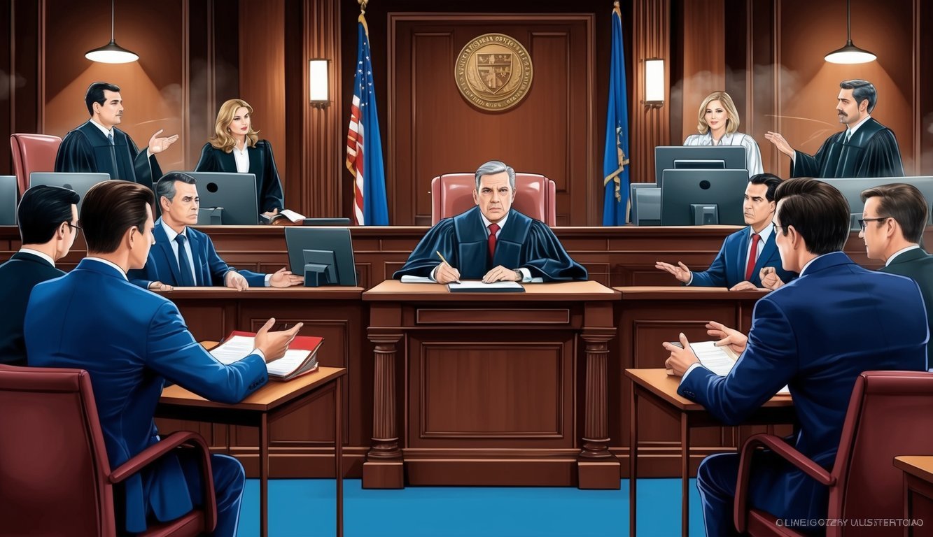 A courtroom with a judge presiding over a bankruptcy litigation case, lawyers presenting arguments, and a tense atmosphere