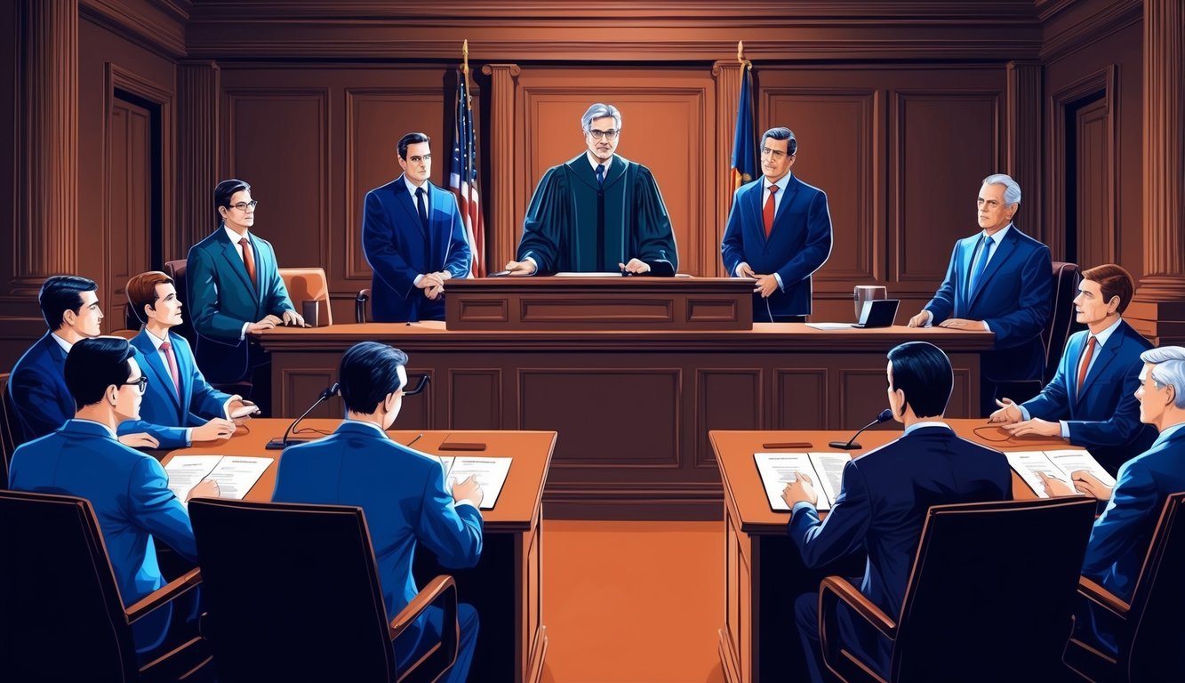 A courtroom scene with a judge, lawyers, and clients presenting evidence and arguments in a patent law and enforcement litigation case