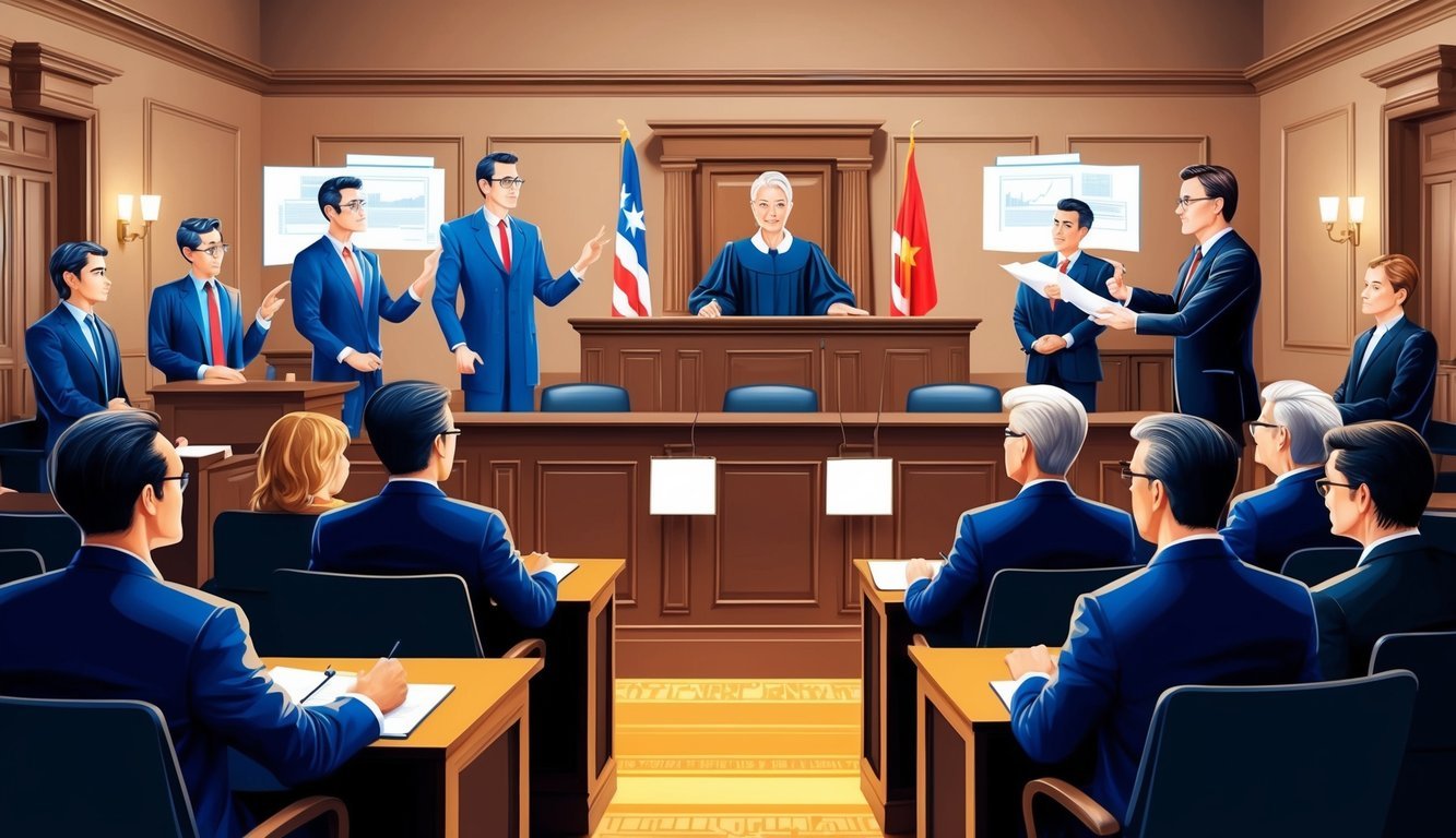 A courtroom with lawyers, judge, and jury, presenting evidence and arguing a case related to copyright and intellectual property rights