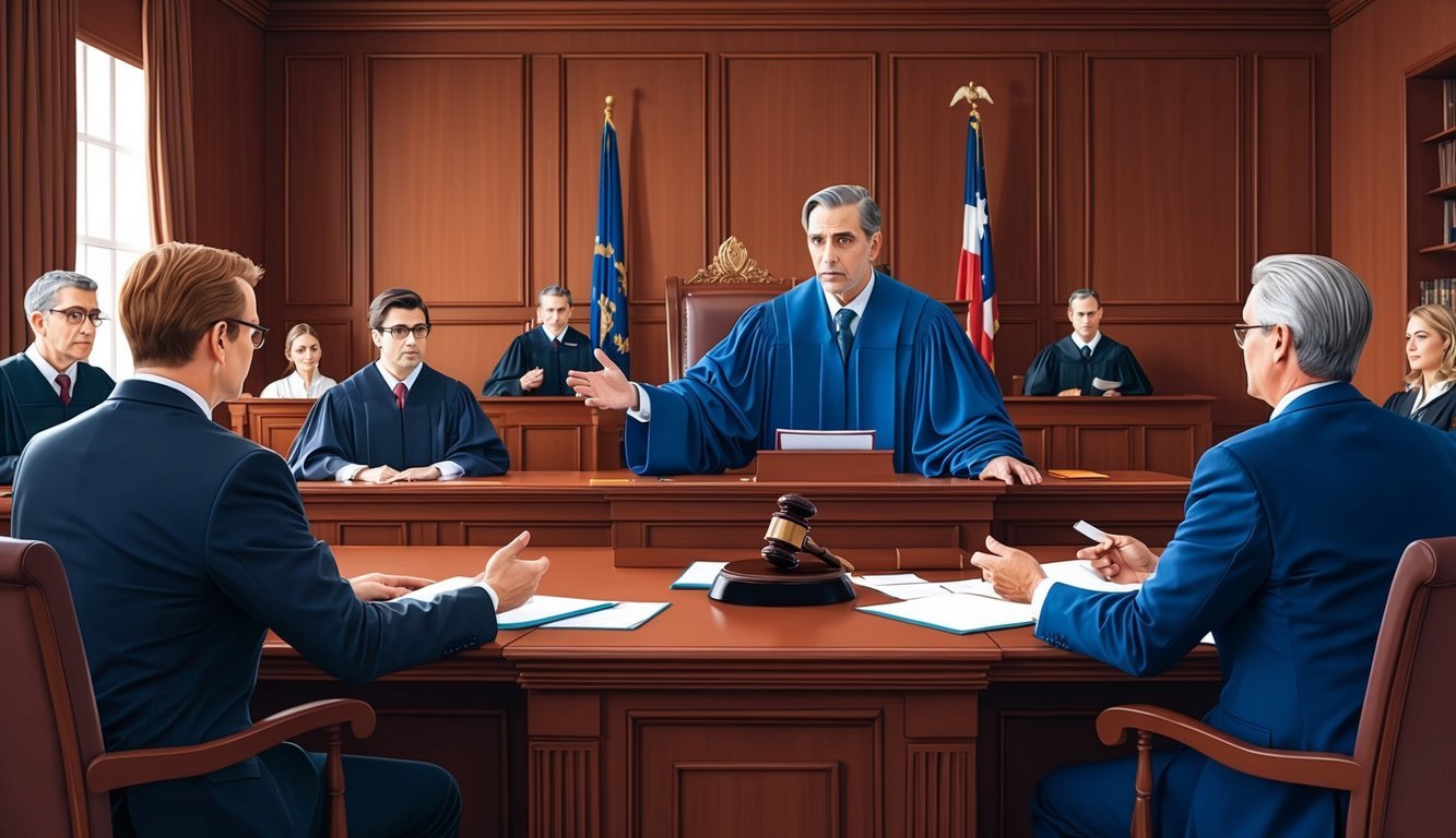 A courtroom scene with lawyers presenting evidence and arguing before a judge