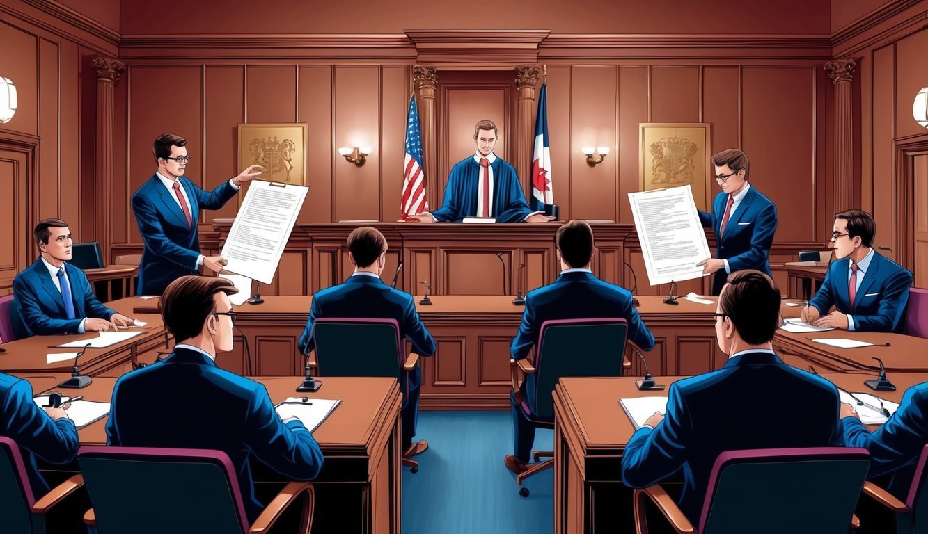 A courtroom with lawyers presenting arguments for intellectual property litigation