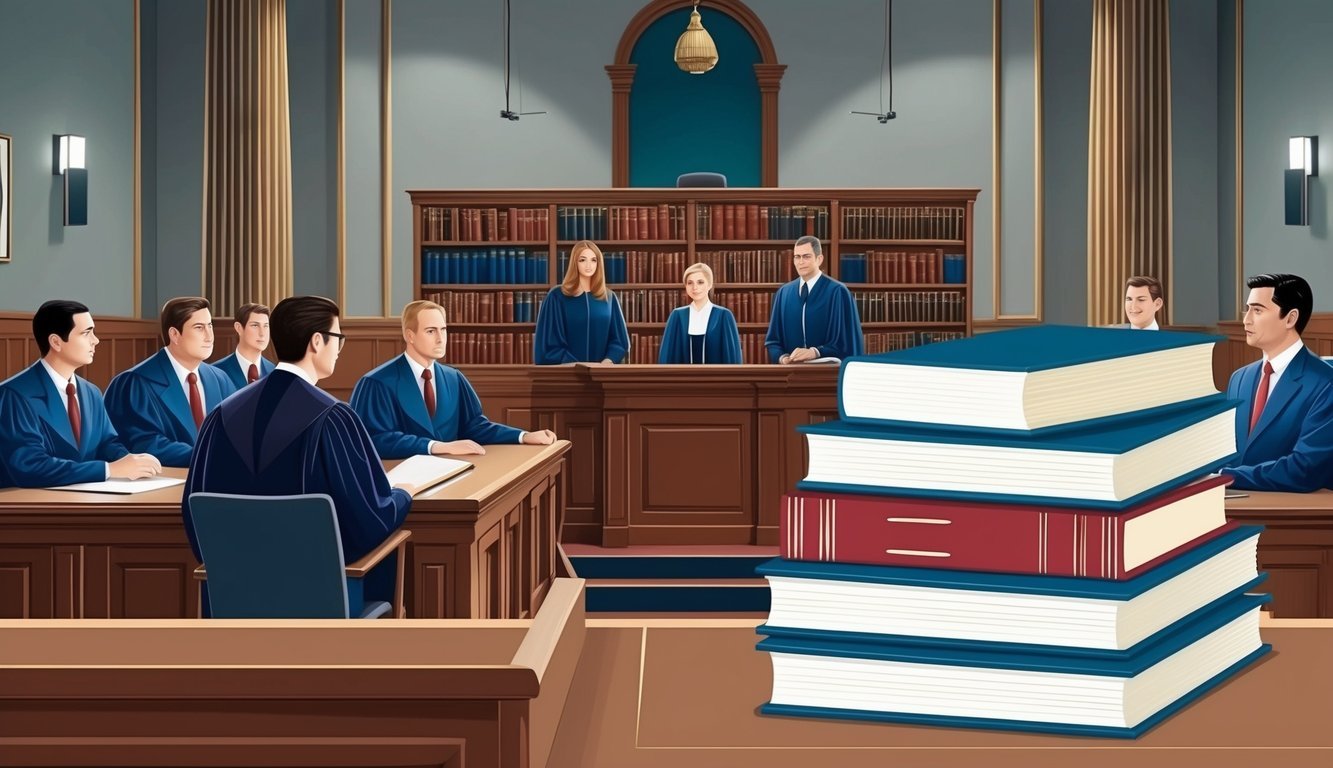 A courtroom with lawyers presenting cases, shelves of legal books, and a stack of legal publications on a desk