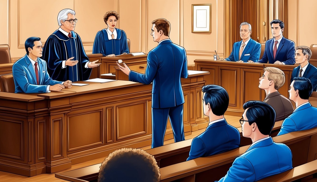 A courtroom scene with a judge presiding over a case, lawyers presenting arguments, and a jury listening attentively