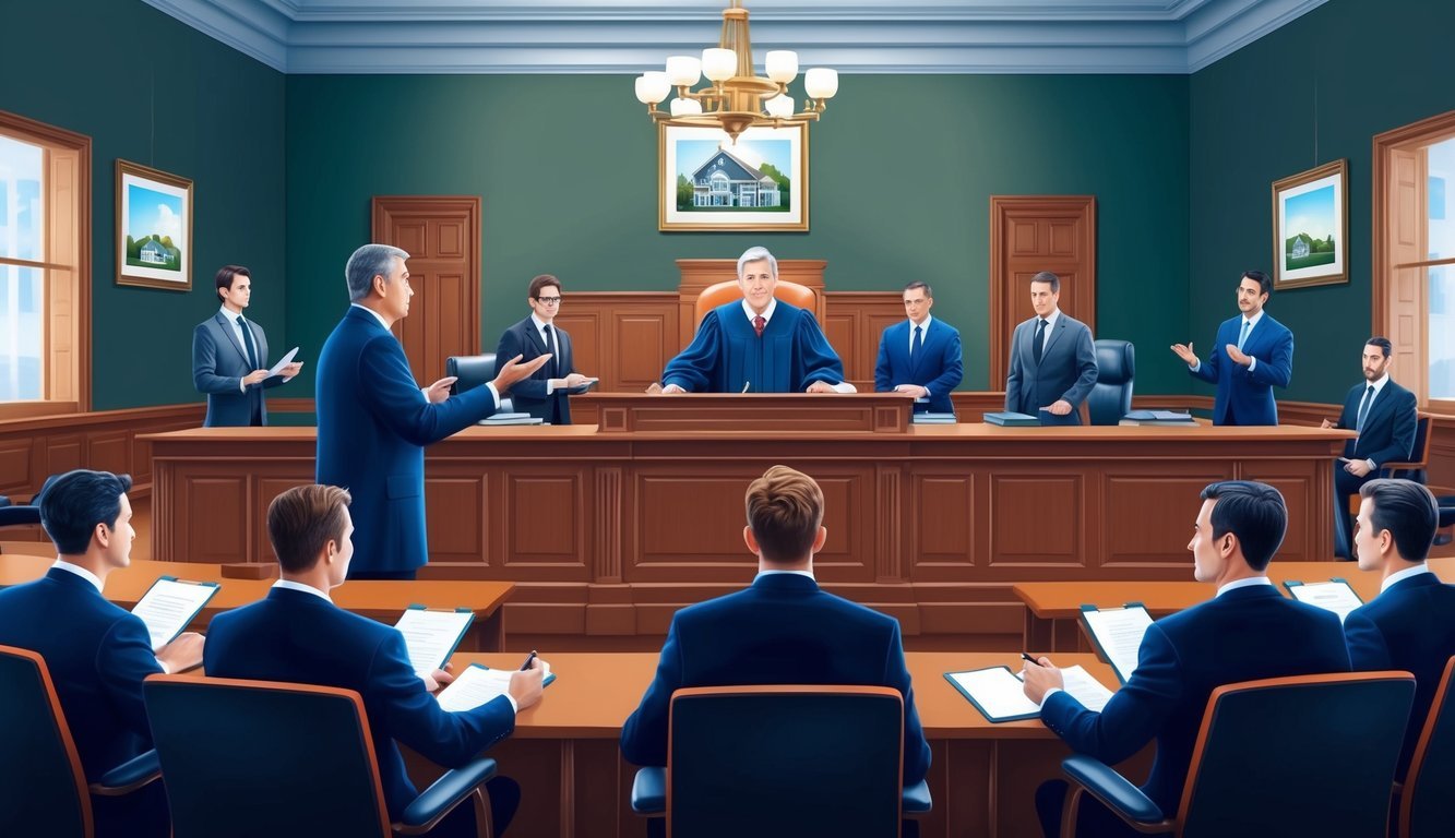 A courtroom with a judge presiding over a real estate litigation case, lawyers presenting arguments, and a jury observing the proceedings