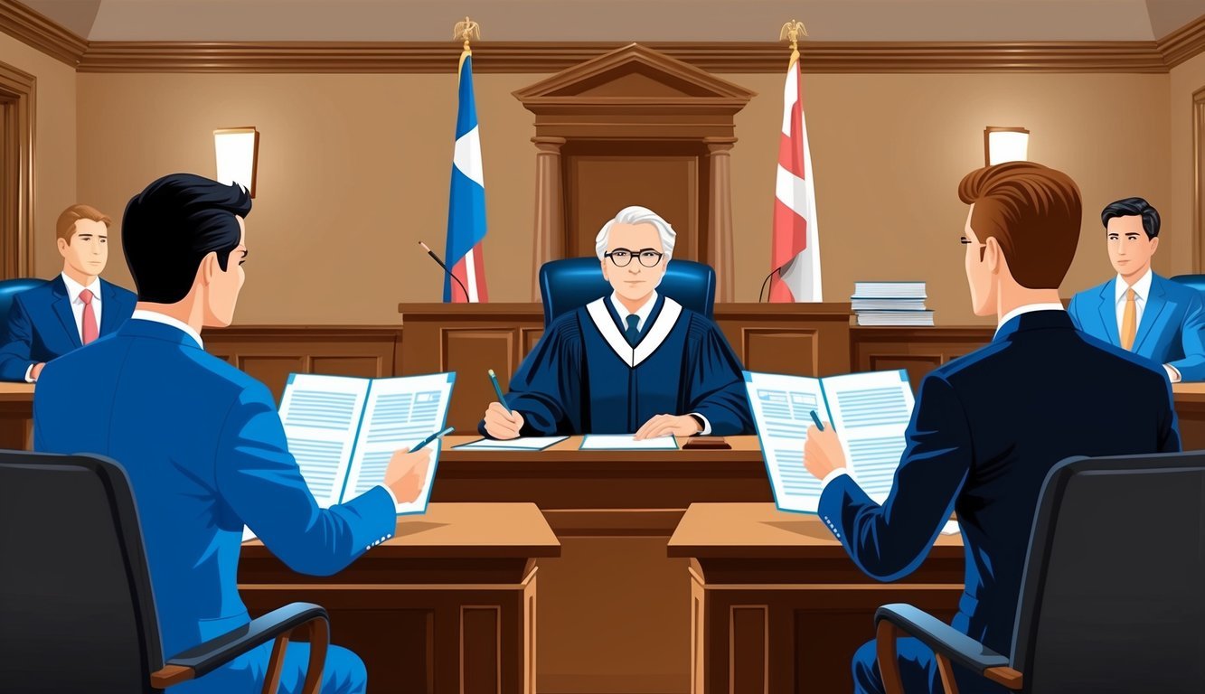 A courtroom with a judge presiding over a dispute between two parties, with lawyers presenting arguments and evidence related to a real estate contract