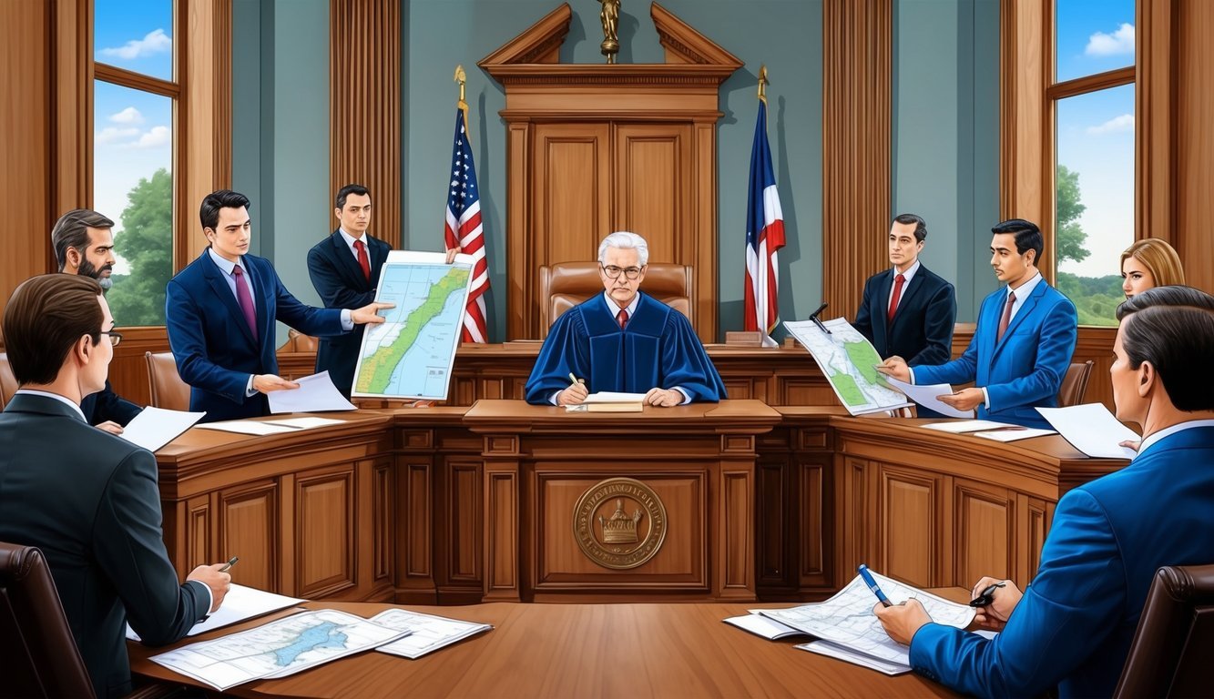 A courtroom with lawyers presenting arguments, maps, and documents.</p><p>Judge presiding over boundary and land use disputes