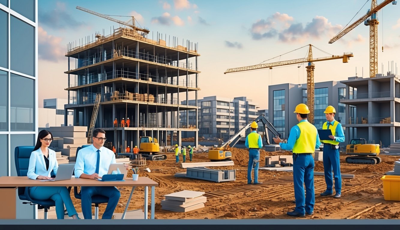 A bustling construction site with workers, equipment, and buildings under progress, alongside a legal office with lawyers discussing real estate defect claims